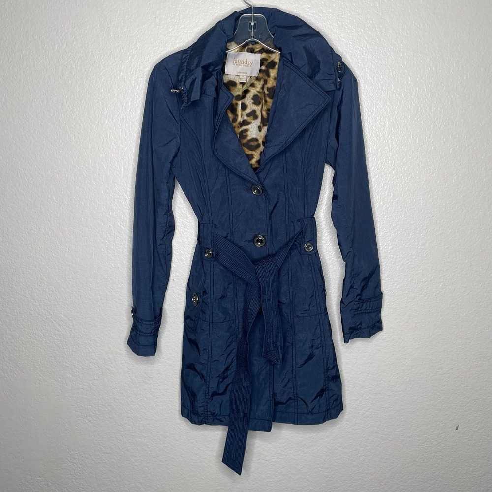 Laundry by Shelli Segal Navy Blue Leopard Print Lined Trench Coat XS